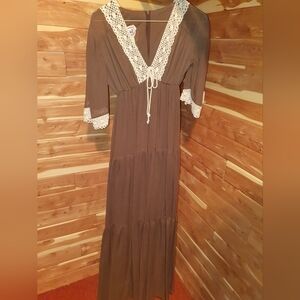 Vintage 70s Phase II Brown Maxi Dress With White Lace Trim